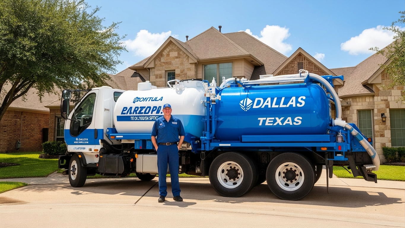 The Honest Septic Family service truck at a Dallas home